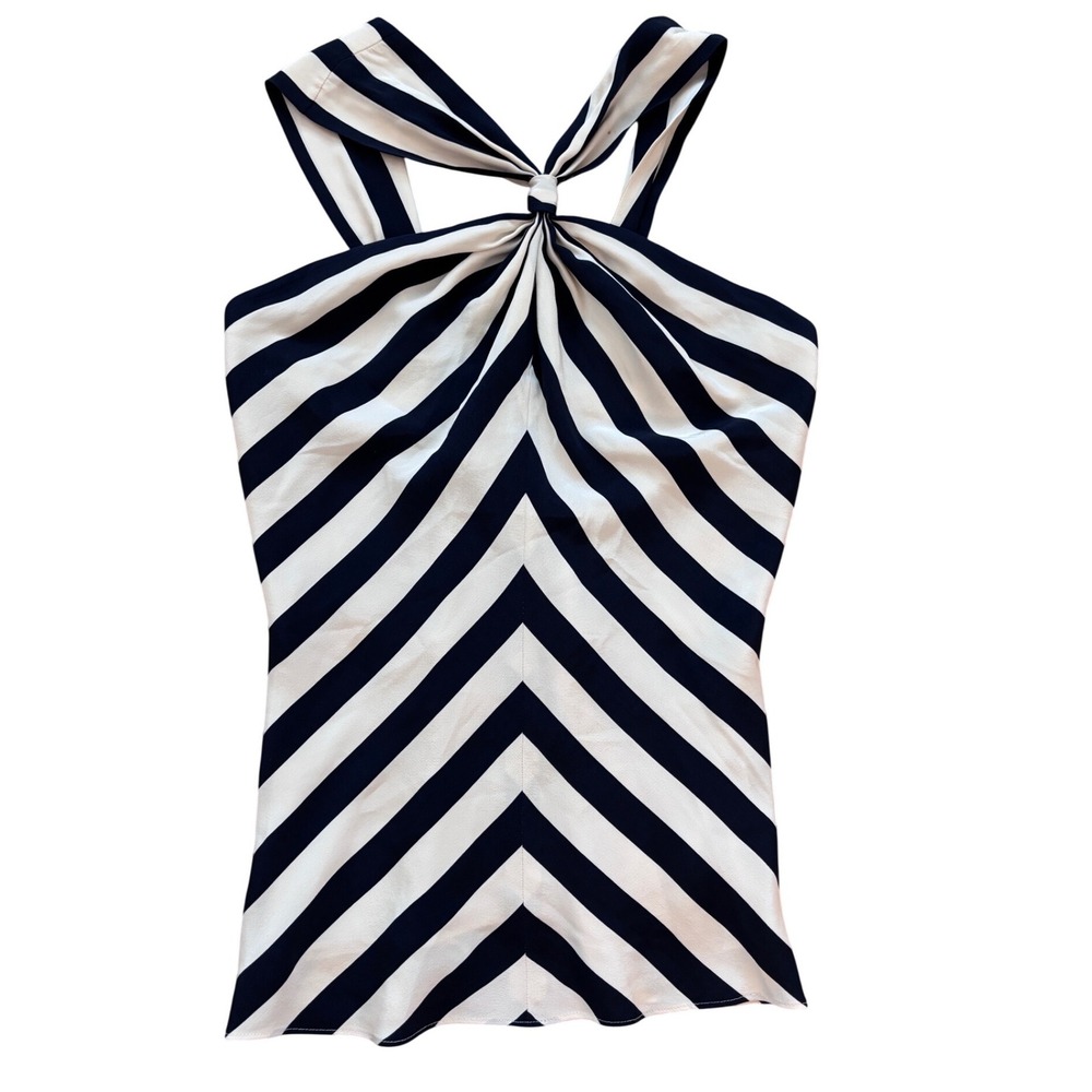 Lauren Ralph Lauren 100% Silk Halter Top Navy White Striped Chevron Blouse Sz 6